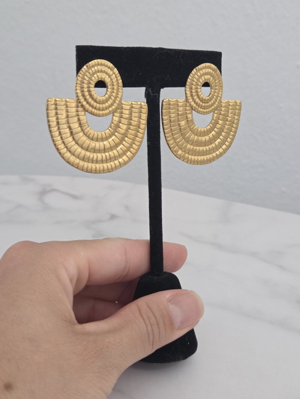 Stainless Steel Gold Textured Geometric Fan Drop Earrings - Picture 9 of 11